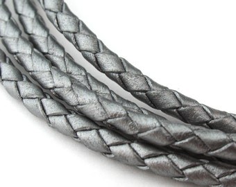LBOLO0340622) 4.0mm Steel Grey Metallic Genuine Braided Bolo Leather Cord. 1 meter, 3.2 meters. Length Available.