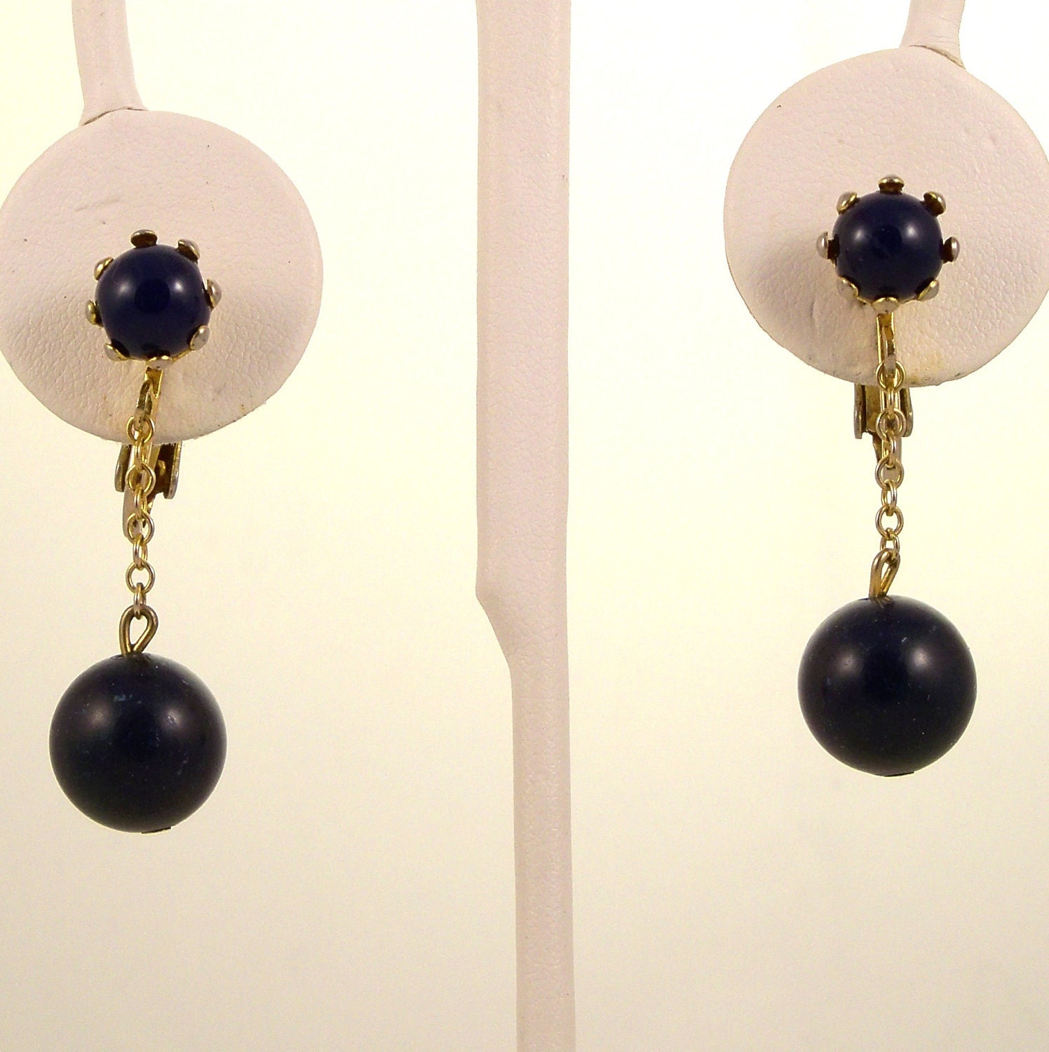 Vintage 1960s Earrings Drop Dangle Navy Blue Balls Clip Ons
