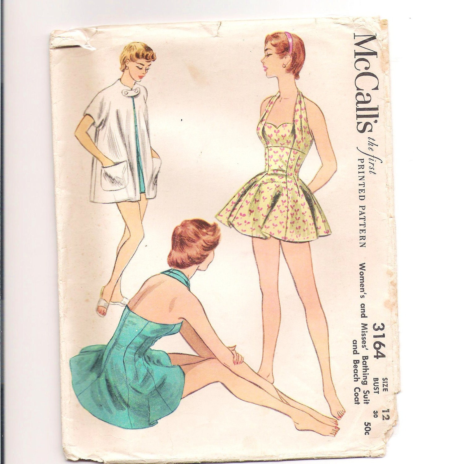 Vintage 1950s Swimsuit Pattern McCalls 3164 Sz 12 Bust 30