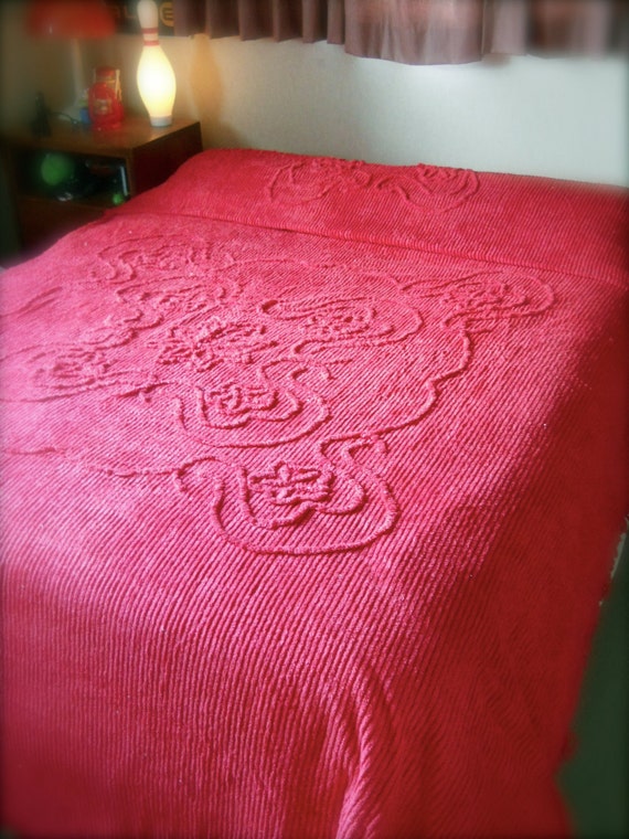 RARE Strawberry Red Chenille Bedspread Queen Size 1960s