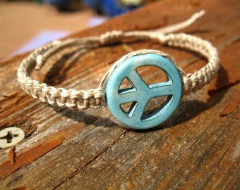 Hemp Bracelet, Peace Sign - Turquoise Blue Magnesite Peace Sign