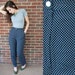 80s Vintage Navy Polka Dot Pleated Rayon Pants. Tapered Leg. High Waist (XS, S)
