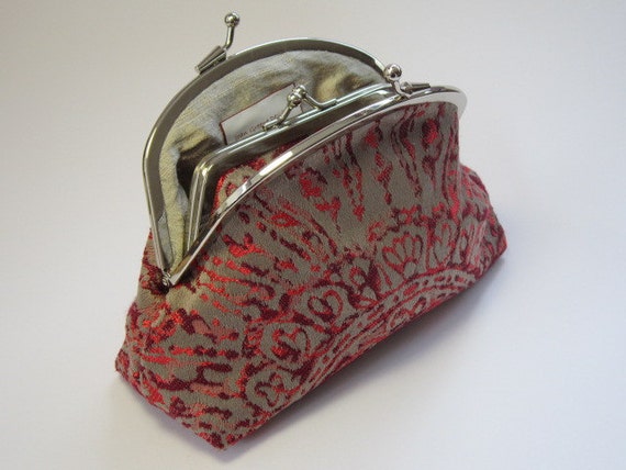 Fire Red Orange Clutch Coin Purse Wallet Grey Silk Brocade