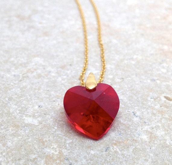 Red Heart Necklace Gold Swarovski Crystal