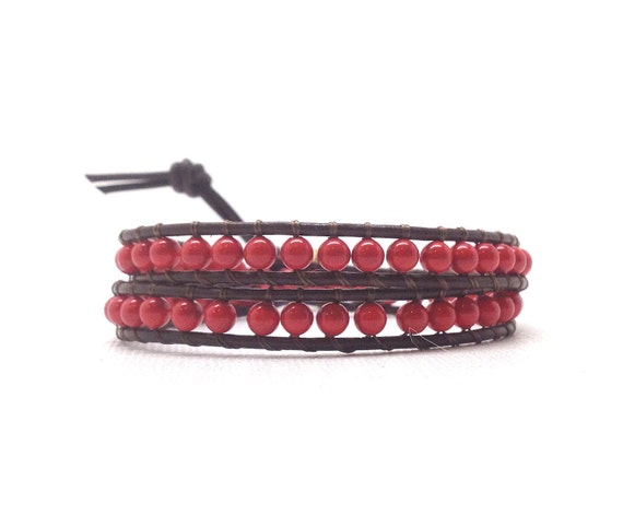 Wrap Bracelet Red Coral Swarovski Pearl Double by GirlBurkeStudios