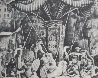 Vintage Black and White Carousel Drawing by Howard Cook 1939