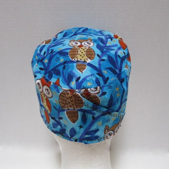 Scrub Hat Surgical Cap Chemo Cap Owls on Blue