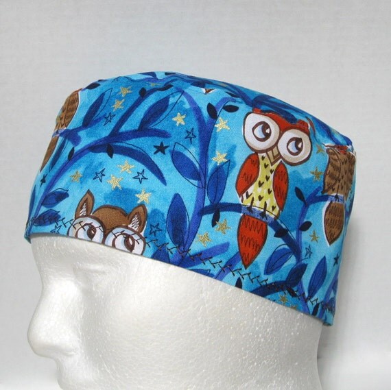 Scrub Hat Surgical Cap Chemo Cap Owls on Blue