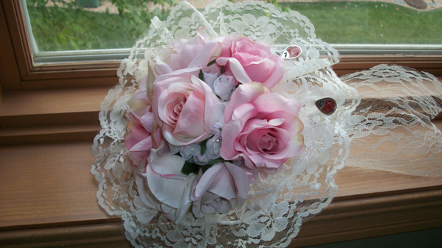 Silk Rose Floral Bouquet with Lace Collar by PersonalBouquets4U