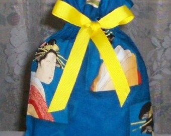 Asian Ladies Small Fabric Gift Bag - Asia, Oriental, Kimono, Flowers, Blue, Peach, Coral, Pink, Red, Beige, Yellow, Green, Black