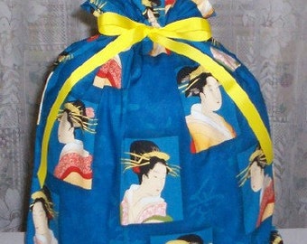 Asian Ladies Large Fabric Gift Bag - Asia, Oriental, Kimono, Flowers, Blue, Peach, Coral, Pink, Red, Beige, Yellow, Green, Black