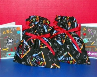 Chalkboard Set of 4 Extra Small Fabric Gift Bags & 4 Notecards - School, Teacher, Student, Party Favor Bags, Red, Blue, Yellow, Green, Black