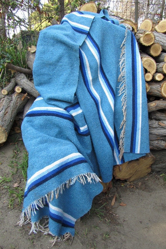 Vintage 70s MEXICAN WOOL Blanket Blue STRIPES by TatiTatiStyle