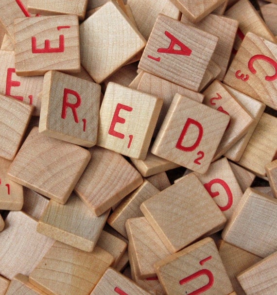 50 Scrabble Letter Tiles with Red Letters by BeachFleaMarket