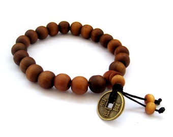 10mm Tibet Buddhist Peach-Wood Prayer Beads Mala Bracelet With Feng-Shui Coin T2734