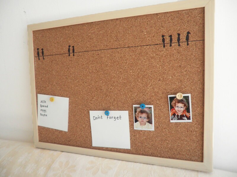 Decorative Memo Cork Board Birds Cream hand painted by Shellyka