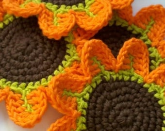 Orange Petal Flower Crochet Coasters -set of 4