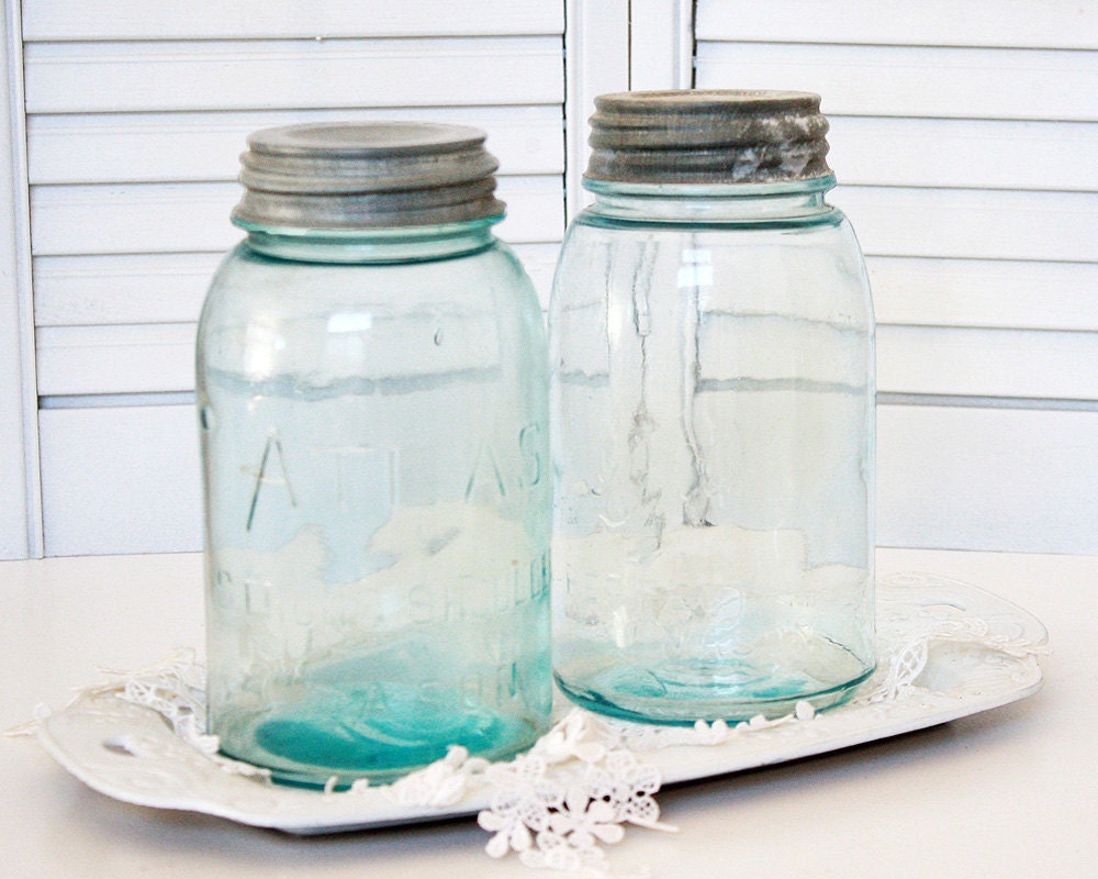 Two Aqua Mason Jars
