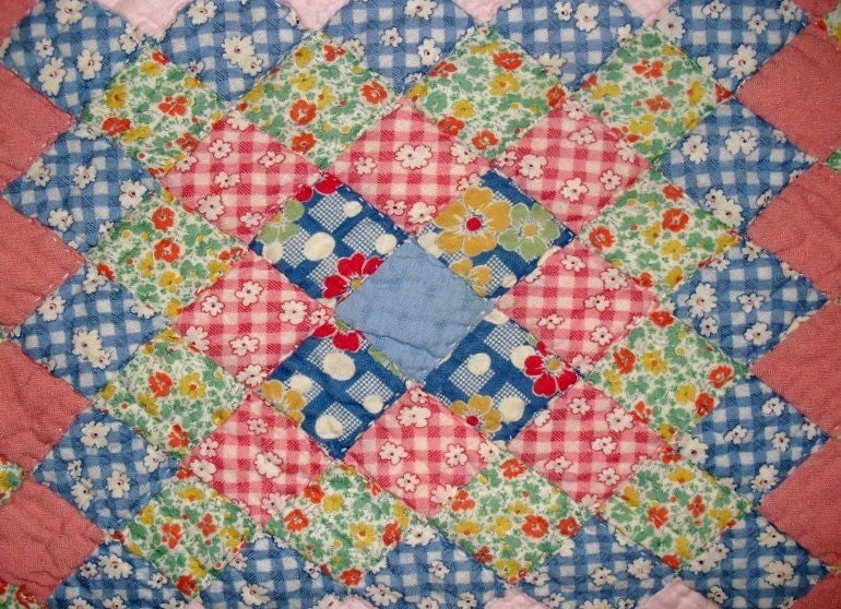 Lovely Vintage Postage Stamp Quilt . 70 by 70 Inches