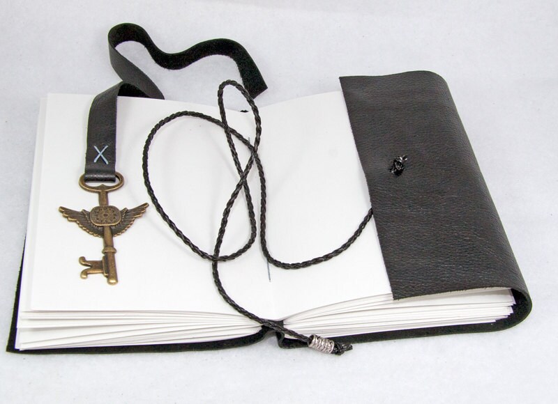 Black Leather Journal with Winged Clock Key Charm Bookmark