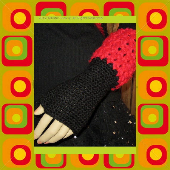 Items similar to Funky Fingerless Gloves Black with Red Cuff