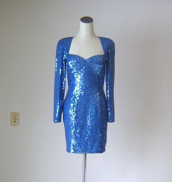 Iridescent Blue Sequin Cocktail Party Dress Glam Body Con