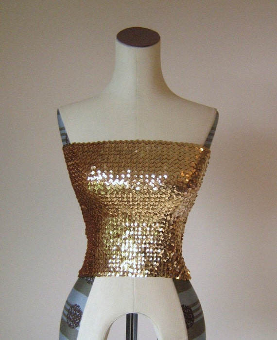Gold Metallic Sequin Glitter Tube Top Glam Disco