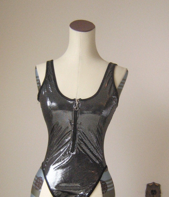 Sassy Silver Metallic Front Zip Swimsuit Shiny Mirror Small