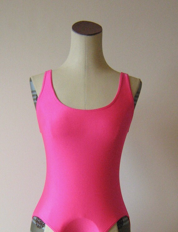 Bright Neon Pink Leotard Swimsuit by RetroFascination on Etsy