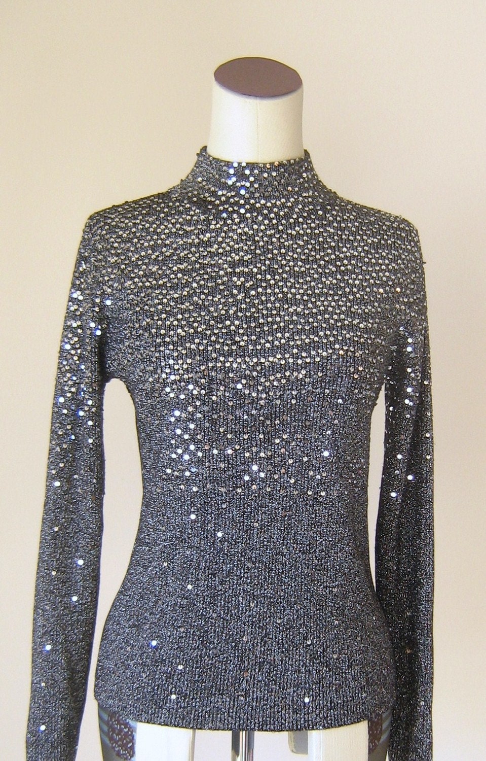 Sparkling Silver Sequin Turtleneck Sweater Glitter Glam