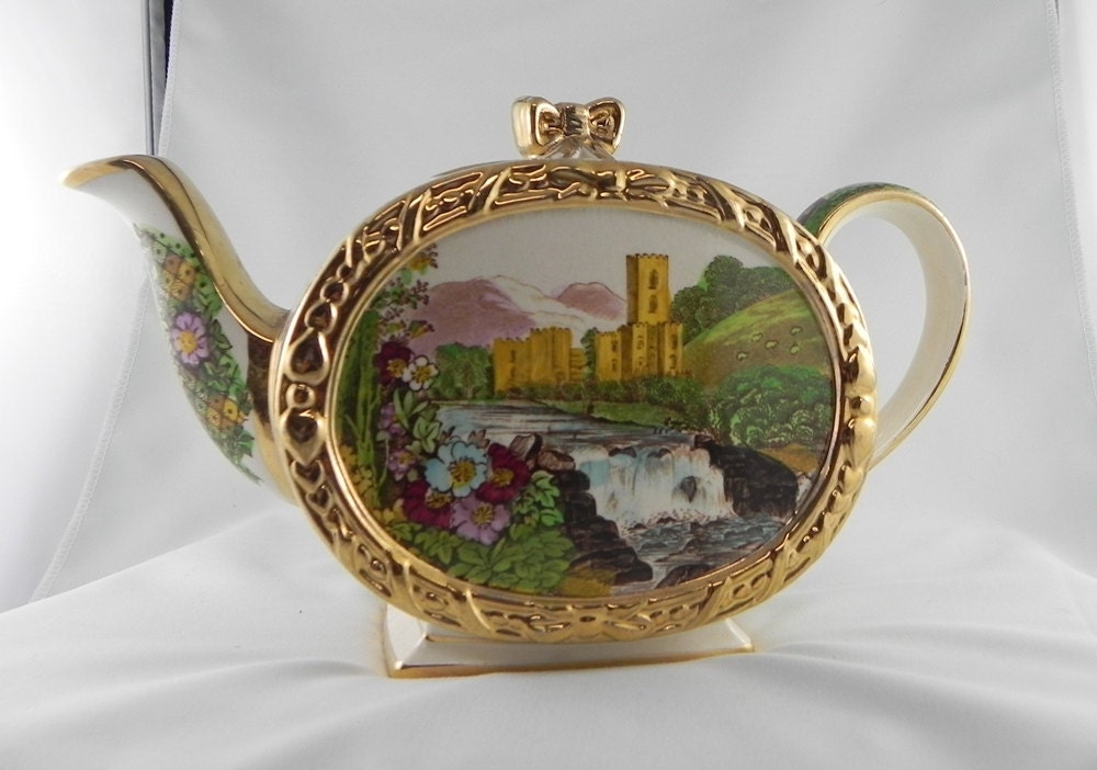 SADLER Teapot Sale Gold Floral Abbey Falls Waterfall Scene tea
