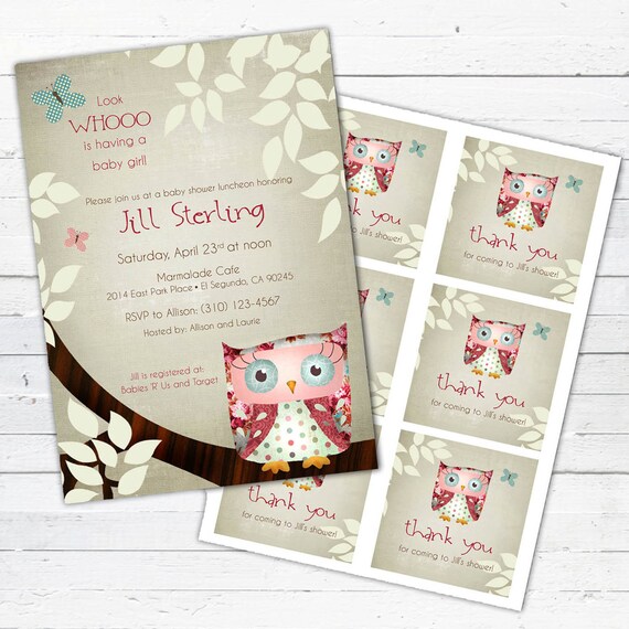Owl Baby Shower Invitation and Gift Bag Tags (girl)-- Little Owlie Il_570xn