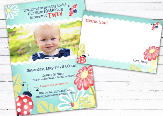 Little Bug (teal)- Custom Birthday Invite Photo Card and Matching Thank you Note Il_570xn