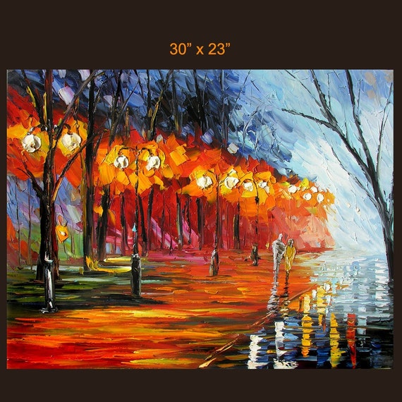 Red Street Lights 30 x 23 Autumn Painting Fall by MilenART on Etsy