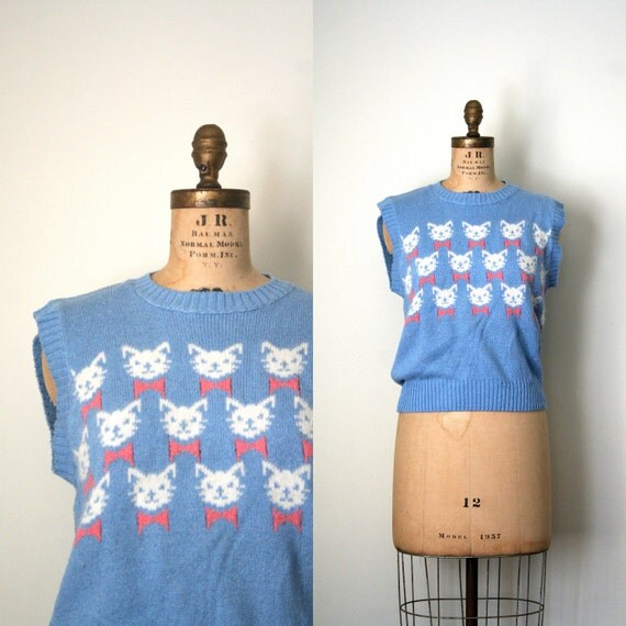 vintage sweater vest KITTY CAT fair isle 1980's silk by AgeofMint