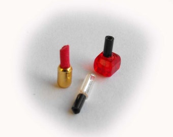 Miniature nail polish, lipstick and mascara