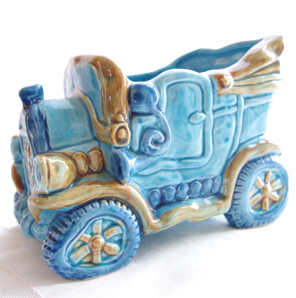 Vintage Home Decor Blue Car Ceramic Planter Collectible Boys