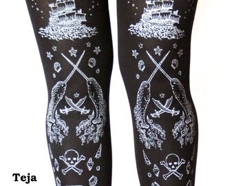 Pirate Printed Tights Plus Size Extra Large Silver on Black XL Women Tattoo Sailor Lolita Steampunk Octopus