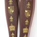 Crown and Crest Printed Tights Small Gold on Chocolate Brown Womens Royal Victorian Lolita Queen Fleur De Lys Medieval Heraldic