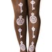 Pocket-Watch & Keys Printed Tights Small Medium White Pearl on Brown Women
