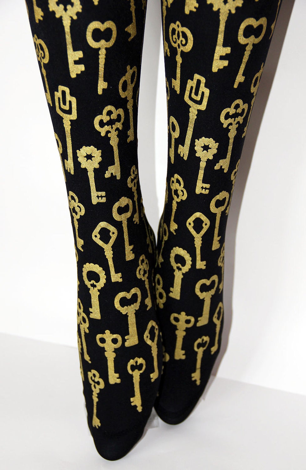 Printed Tights Small Medium Antique Keys Gold on Black Women