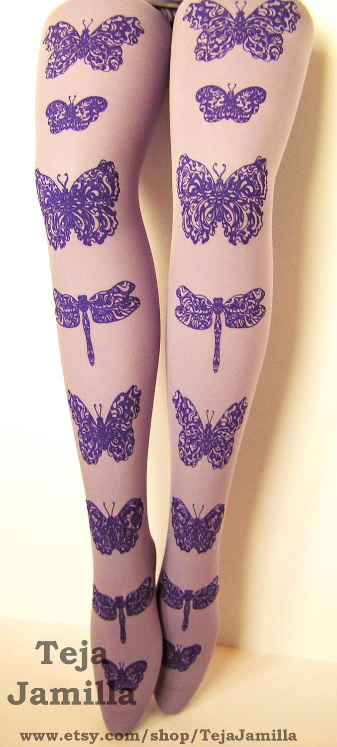 Butterfly and Dragonfly Tights Medium Tall Amethyst Purple on