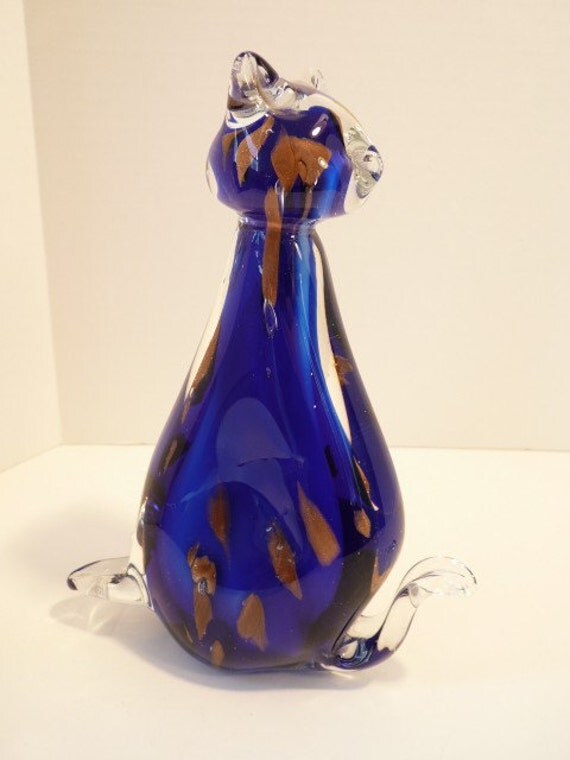 Royal Blue and Gold Murano Glass Cat Figurine