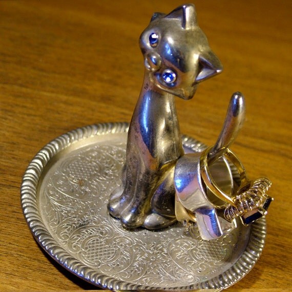 Vintage Cat Ring Holder EP Zinc Alloy Silver with Blue
