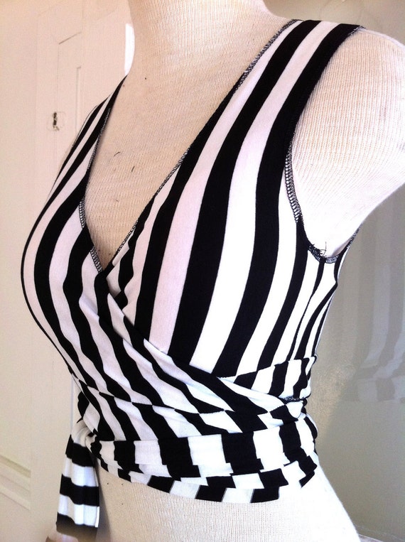 LAST ONE Black and White Striped Wrap Top Choli Bellydance
