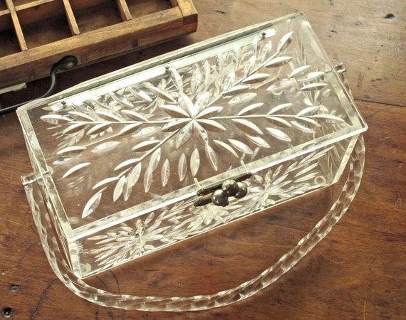 Vintage clear Lucite purse, 1950s handbag, cut glass design, possibly ...