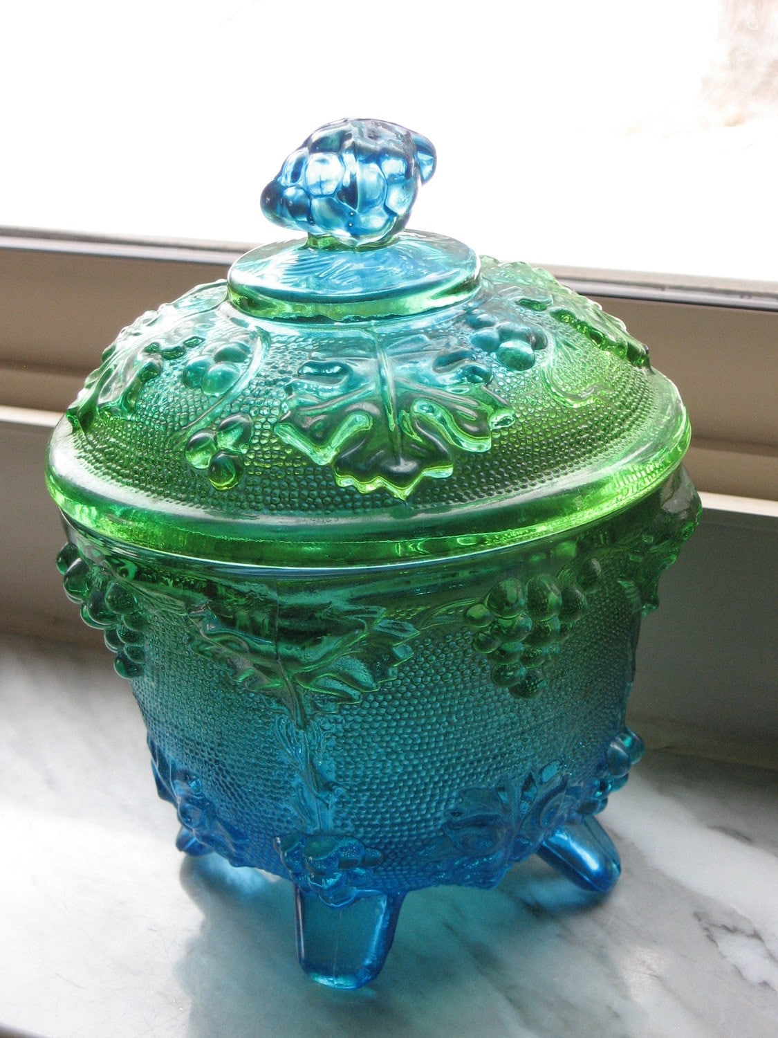 Grape Vine Footed Candy Dish with Lid Blue and Green