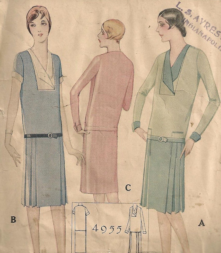 1920s Dress Pattern Drop Waist Flapper Day Dress Pleat Skirt