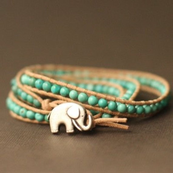 GOOD LUCK ELEPHANT leather wrap bracelet Chinese turquoise