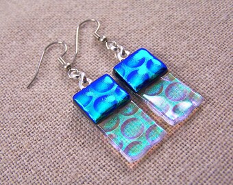 Dichroic Dangle Earrings - Teal Green with Clear - Reverse Radium Bubbles Fused Glass- Surgical Steel French Wire or Clip On